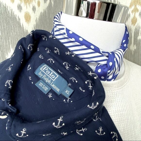 Vintage Polo Ralph Lauren 2003 Anchor-Print Polo Shirt - Navy & Off White Cotton - Picture 2 of 16